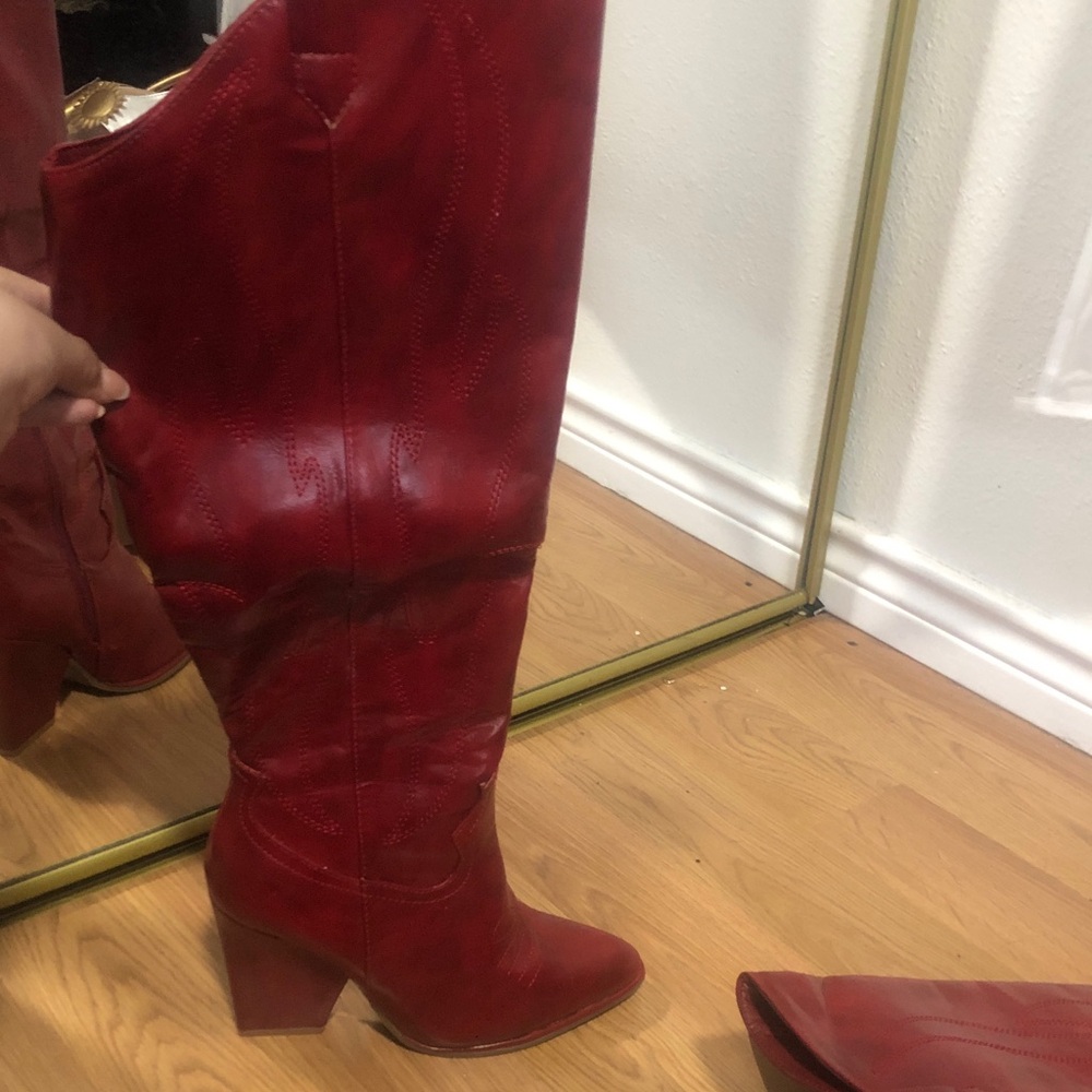 Women's Red knee Western Block Heel Boots